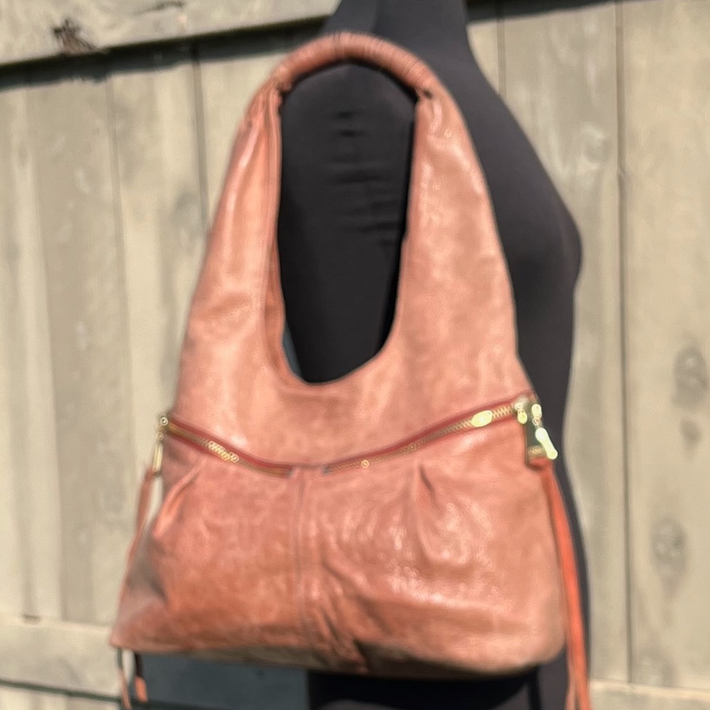 Aimee Kestenberg large Satchel Shoulder Bag soft leather, lots of zip peach